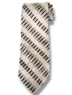 Siena Collezione beige and brown geometric plaid silk necktie.